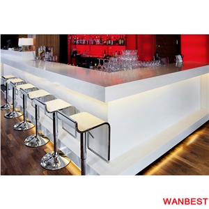 Custom Made White Artificial Stone Solid Surface Restaurant Juice Nightclub Beer Wine Bar Drinking Table Fast Food Dining Counter with Chairs