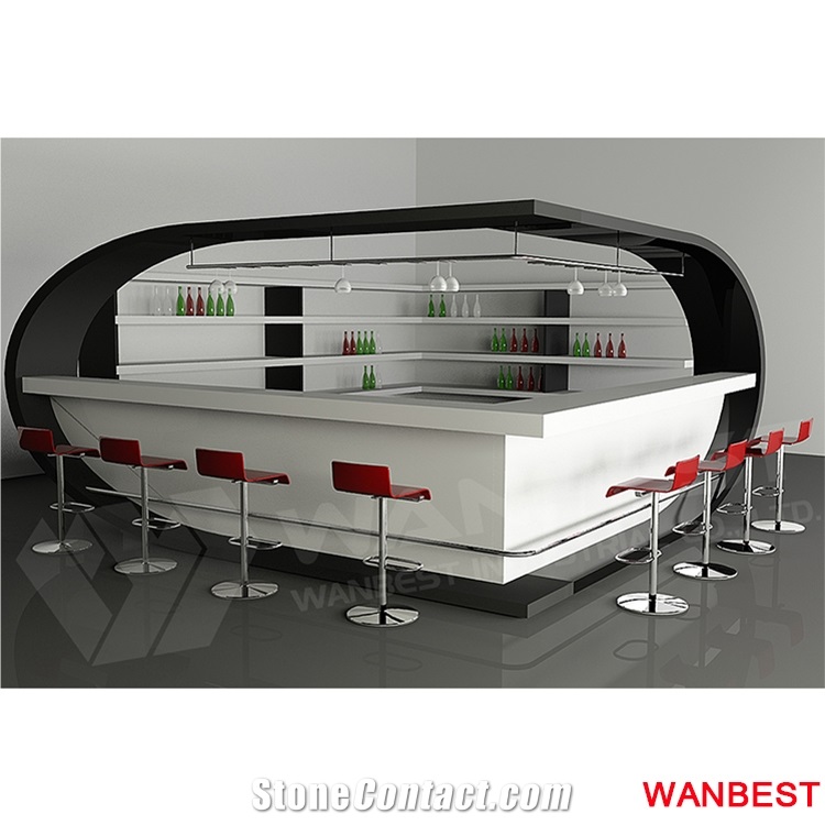 Custom Made White Artificial Stone Solid Surface Restaurant Juice Nightclub Beer Wine Bar Drinking Table Fast Food Dining Counter with Chairs