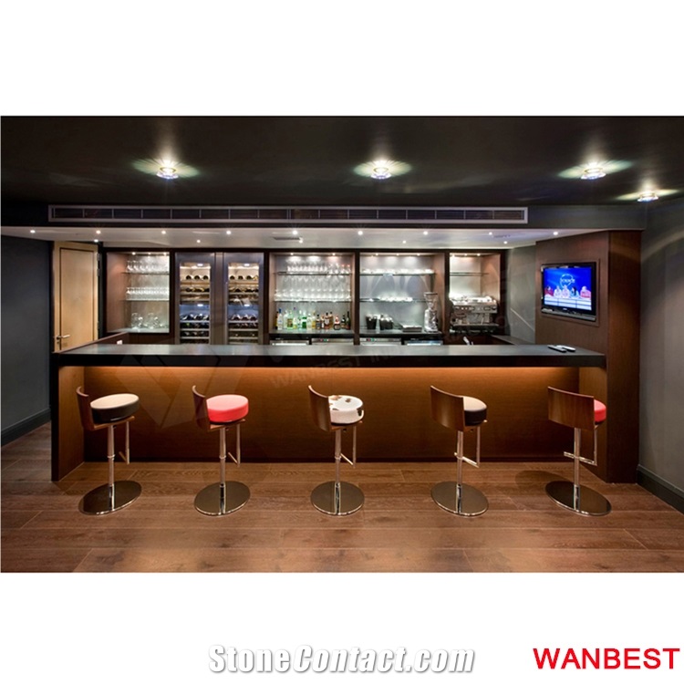Customized Artificial Marble Acrylic Long Black Restaurant Coffee Juice Shop Fast Food Pub Wine Bar Service Drinking Counter Cashier Desk with Chairs