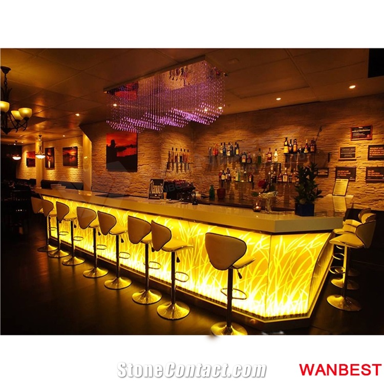 Customized Artificial Stone Acrylic Top Black Led Lighting Coffee Juice Nightclub Pub Wine Bar Drinking Table Reception Counter with Stools