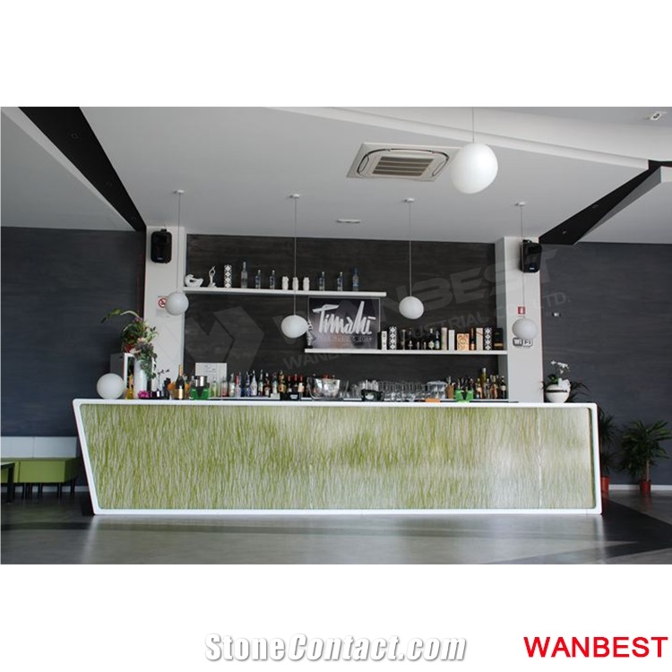 Customized Artificial Stone Solid Surface Acrylic White Hotel Restaurant Cafe Pub Bar Top Front Counter Lobby Hall Reception Area Cashier Desk Modern