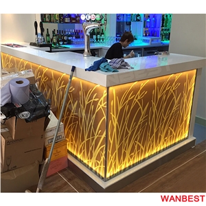 Customized Modern Flower Carved Marble Top Artificial Stone Illuminated Led Bar Furniture Pub Nightclub Coffee Shop Restaurant Counter Reception Desk