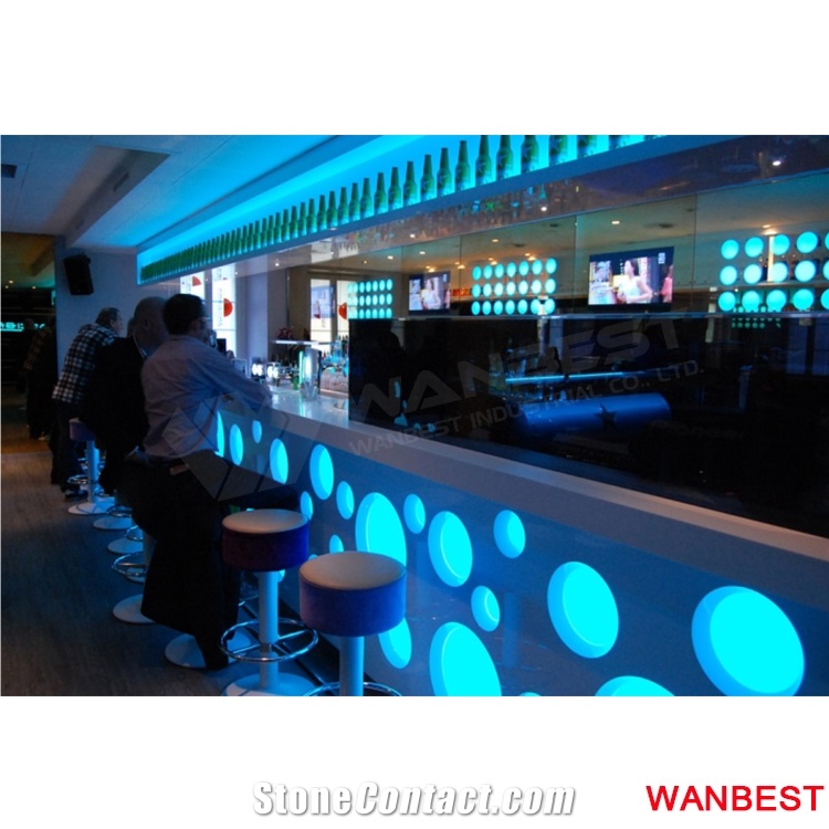 Customized Size Portable Artificial Stone Acrylic White Led Lighted Juice Restaurant Cafe Pub Wine Nightclub Music Bar Counter Drink Table for Sale