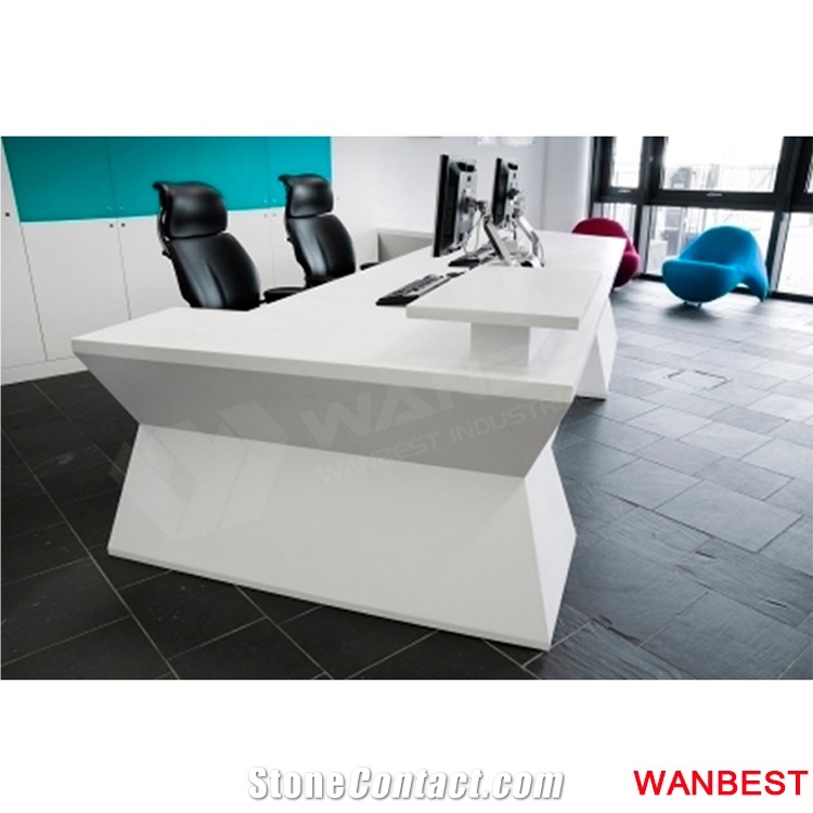 Customized White Solid Surface Acrylic 2 Person Office Furniture Lobby Hotel Front Table Fitness Center Shopping Mall Clinic Salon Reception Desk