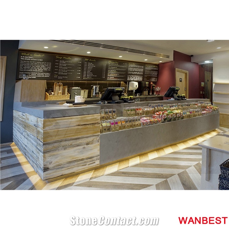 Factory Custom Artificial Stone Marble Top Wood Led Illuminated Fast Food Restaurant Cafe Juice Fast Food Shop Reception Desk Bar Cashier Counter