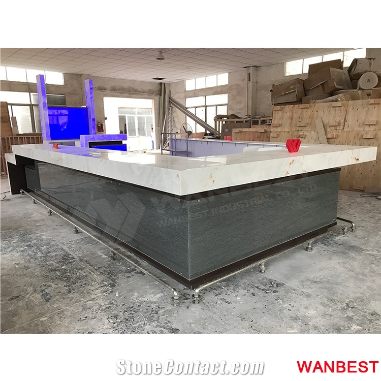 Factory Supply Special Design Artificial Stone Solid Surface Nightclub Pub Coffee Juice Wine Drink Bar Reception Counter Front Table for Restaurant
