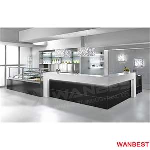 High Gloss White Artificial Acrylic Solid Surface Cafe Salad Cake Bread Juice Shop Food Display Counter Reception Cashier Desk