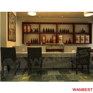 Hot Sale Acrylic Solid Surface Lighted Led Curved Hotel Restaurant Buffet Coffee Pub Bar Furniture Reception Counter Cashier Desk with Wine Rack