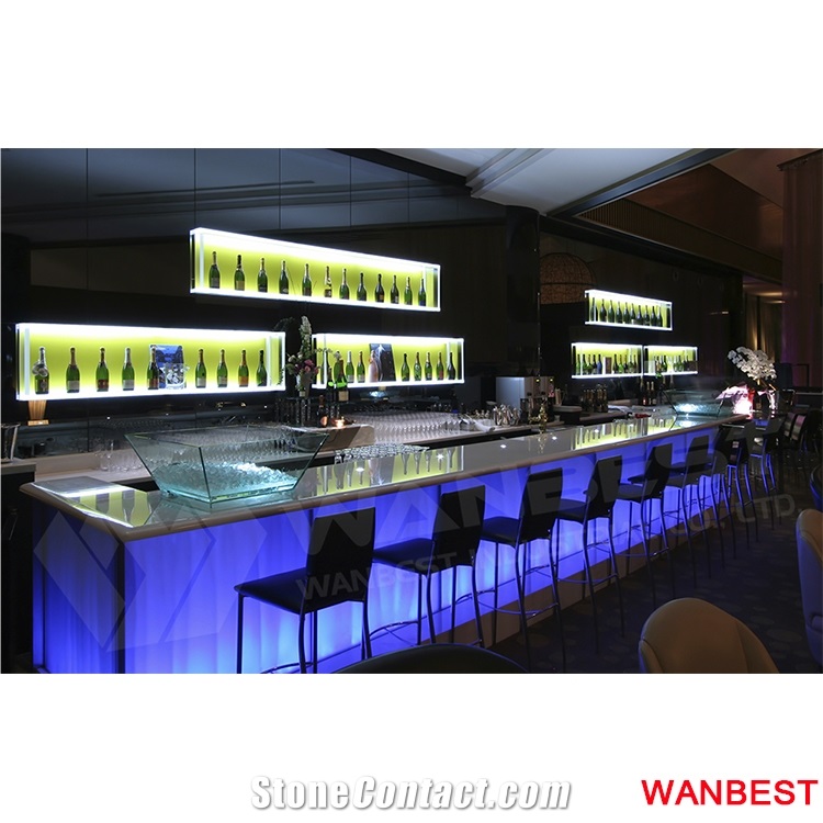 Luxury Artificial Stone Restaurant Coffee Shop Bar Drinking Counter Front Cash Desk Led Lighting