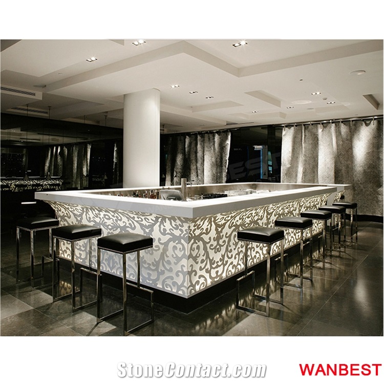 Luxury Custom Solid Surface Marble Top Rectangle Illuminated Led Carved Nightclub Restaurant Pub Wine Bar Drinking Counter with High Stools Design