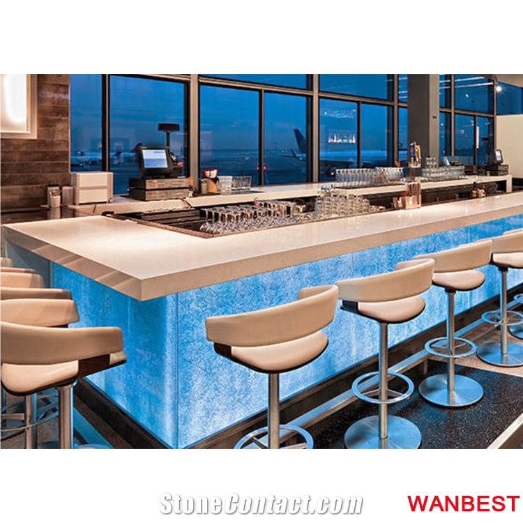 Luxury Solid Surface Marble Top Long Acrylic Juice Cafe Fast Food Night Club Wine Bar Drinking Counter Cocktail Table Design with High Stools