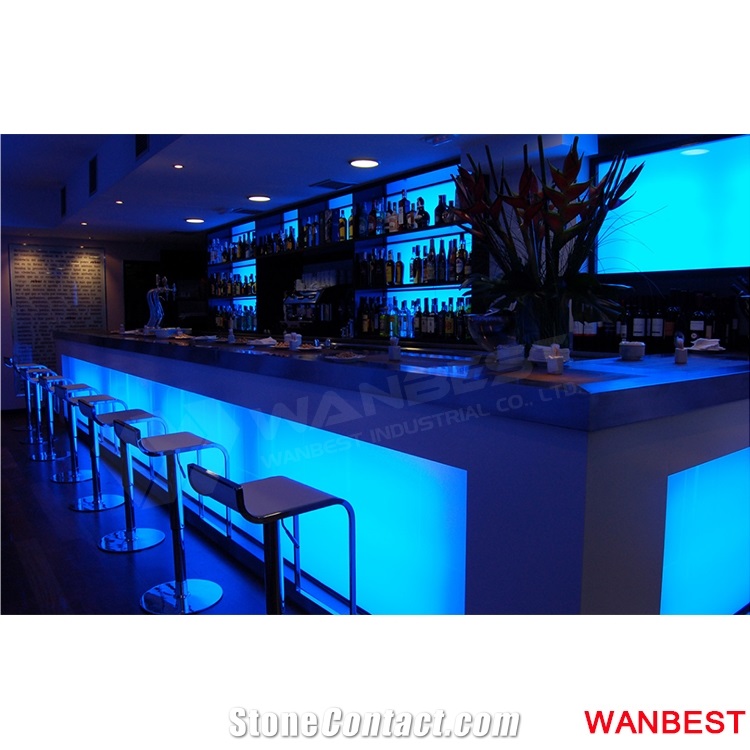 Luxury Solid Surface Marble Top Long Acrylic Juice Cafe Fast Food Night Club Wine Bar Drinking Counter Cocktail Table Design with High Stools