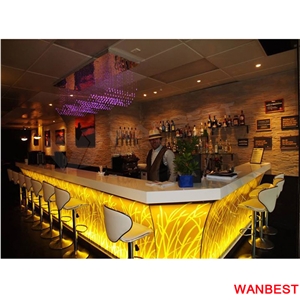 Modern Design Artificial Stone Acrylic Flower Carving White Led Lighted Pub Cafe Nightclub Juice Restaurant Bar Tops Drinking Counter Reception Desk