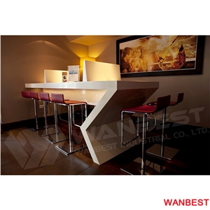 Modern Design Artificial Stone Solid Surface Mini Portable White Juice Cafe Fast Food Nightclub Pub Bar Counter Dining Table with High Stools