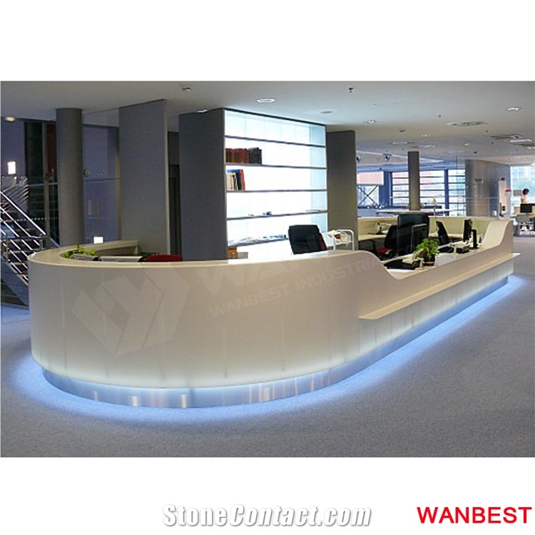Modern High Glossy Long U Shape Curved Acrylic Solid Surface Illuminated Led Lobby Library Salon Reception Desk Front Table for Hotel Office Hall
