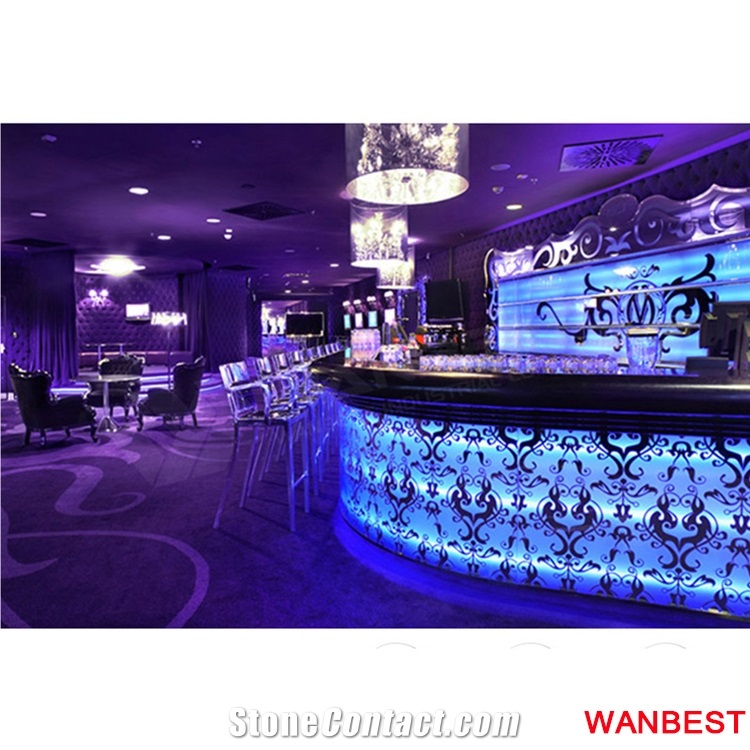 Modern Luxury Artificial Marble Acrylic Top Flower Carved Led Nightclub Music Coffee Juice Wine Bar Cocktail Counter Drinking Table for Sale