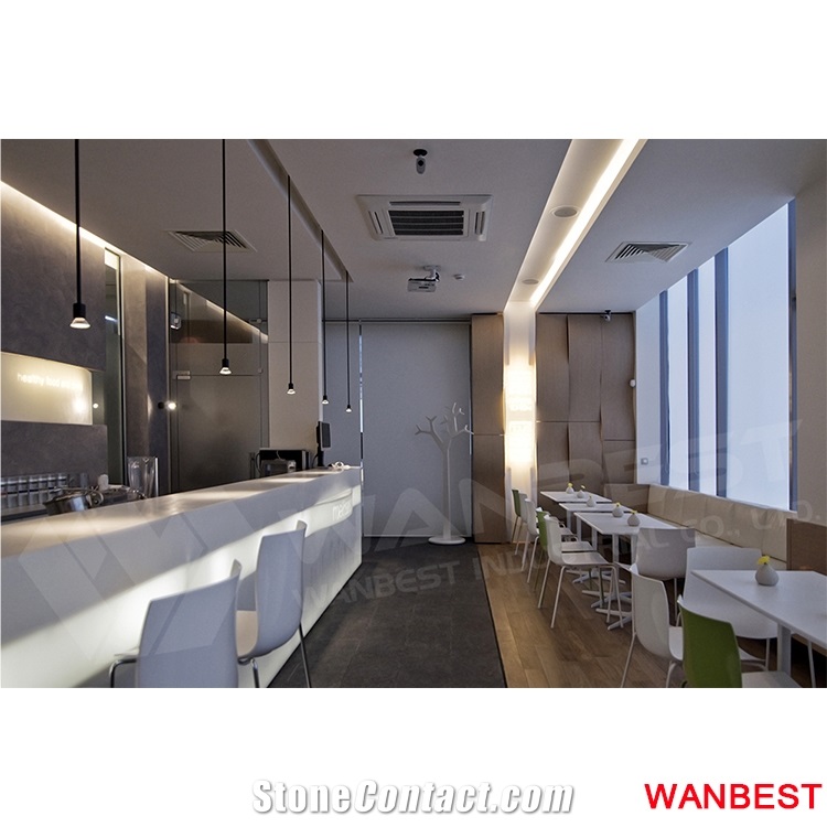 Modern Solid Surface Artificial Marble White Coffee Juice Shop Fast Food Nightclub Wine Bar Drinking Counter Restaurant Reception Desk with Chairs