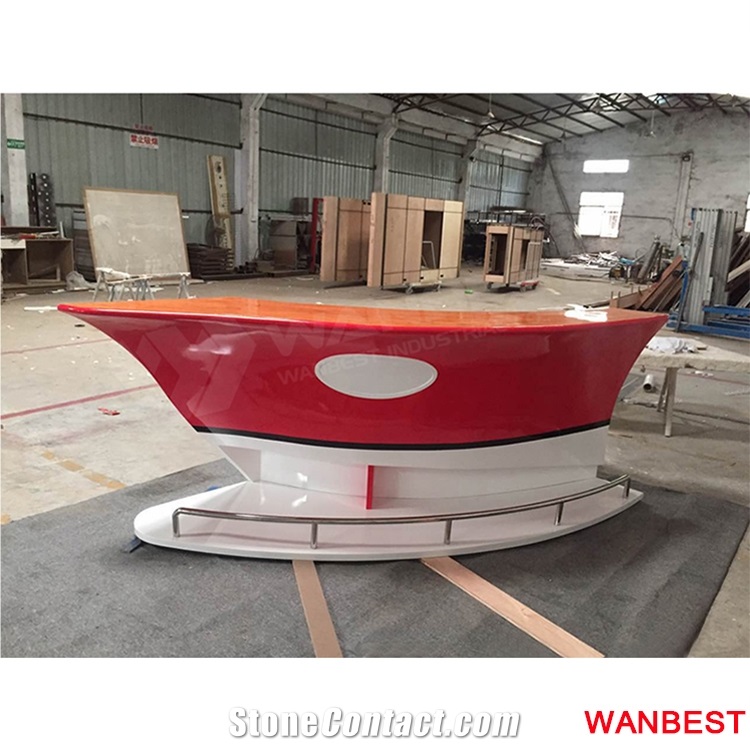 New Design Artificial Stone Solid Surface Boat Shape Curved Home Mobile Small Nightclub Pub Wine Bar Counter Reception Desk Made in China