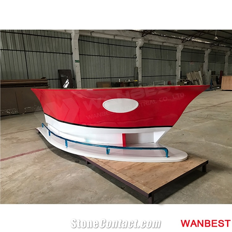 New Design Artificial Stone Solid Surface Boat Shape Curved Home Mobile Small Nightclub Pub Wine Bar Counter Reception Desk Made in China