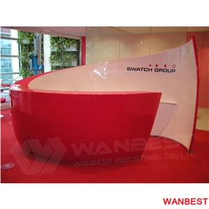 Unique Design Red Acrylic Solid Surface Circle Round Beauty Salon Office Furniture Standing Reception Desk Mall Lobby Spa Front Table with Back Wall