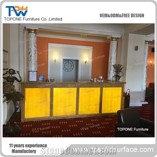 Artificial Marble Stone Led Commercial Hotel Reception Counters Tops, Interior Stone Acrylic Solid Surface Illuminated Led Commercial Reception Desk