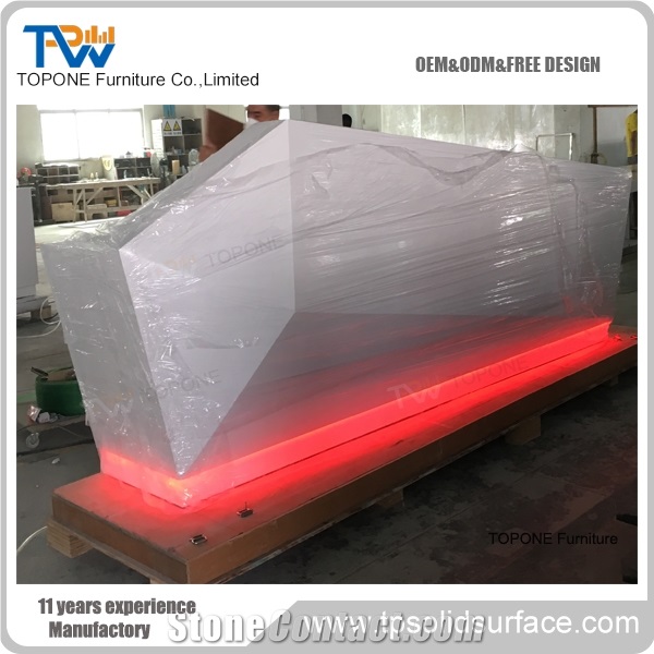 Artificial Marble Stone Led Commercial Hotel Reception Counters Tops, Interior Stone Acrylic Solid Surface Illuminated Led Commercial Reception Desk