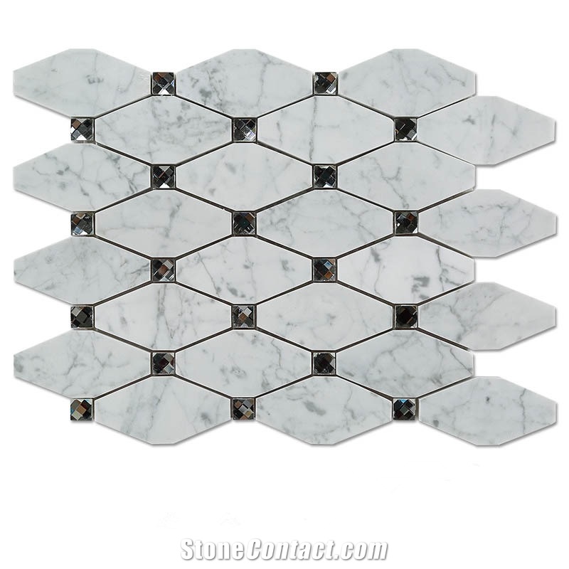 Carrara White Marble Stone Long Ocatgon Mosaic Tiles Mix Crystal Glass Dots, White Marble Mosaic
