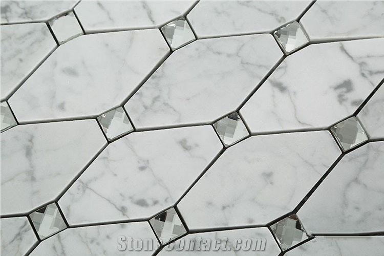 Carrara White Marble Stone Long Ocatgon Mosaic Tiles Mix Crystal Glass Dots, White Marble Mosaic