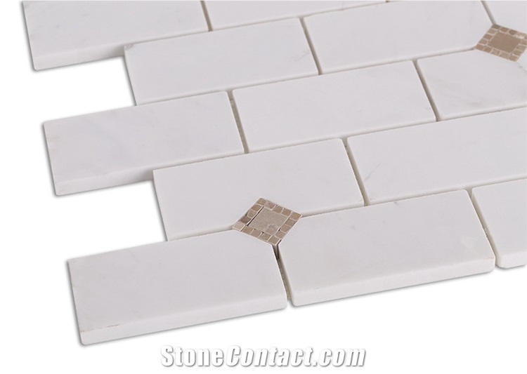 New Design White Marble Brick Tiles Mosaic on Mesh, Oriental White Marble Mosaic
