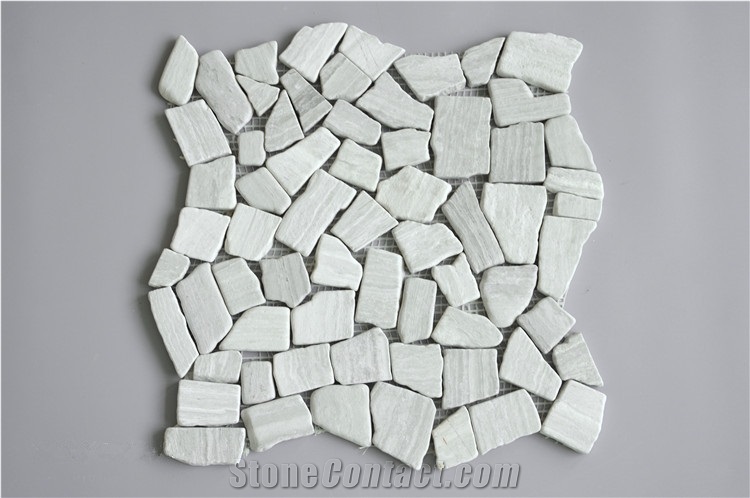Wood Grain Marble Pebble Stone Mosaic Tile On-Mesh , Grey Wood Vein Random Chip Mosaic