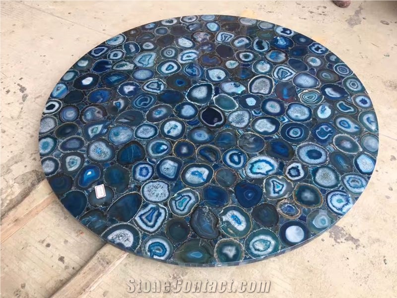 Blue Agate Semiprecious Round Table Top, Blue Semiprecious Stone Countertops