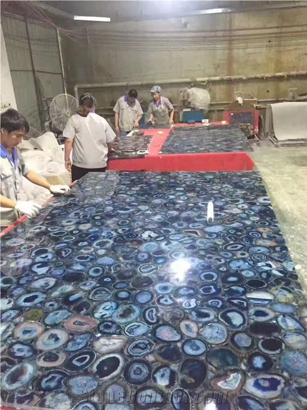 Blue Agate Semiprecious Round Table Top, Blue Semiprecious Stone Countertops