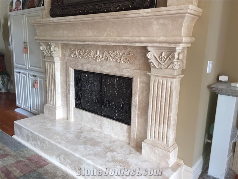 Cordova Cream Limestone Hand Carved Fireplace Mantel