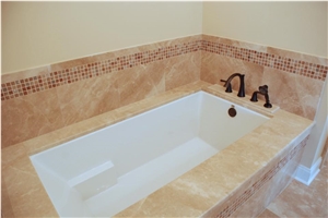 Verona Cream Limestone Bath Tub Deck, Glass Mosaic Front Surround