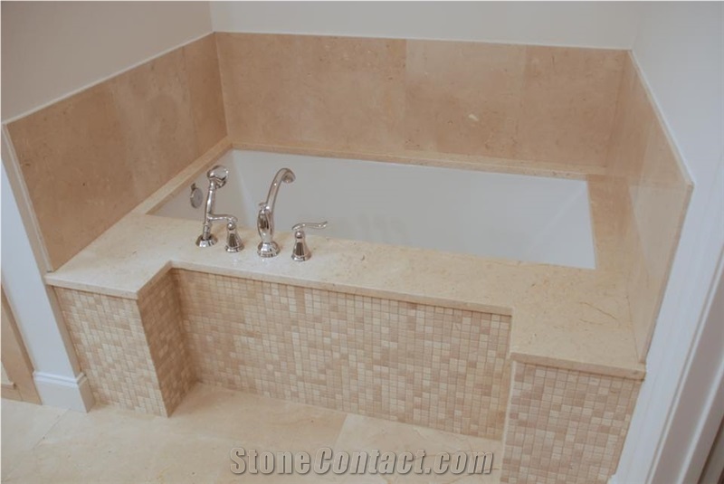 Verona Cream Limestone Bath Tub Deck, Glass Mosaic Front Surround