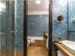 Glass Mosaic Bathroom Wall+Travertino Noce Floor Bathroom Design