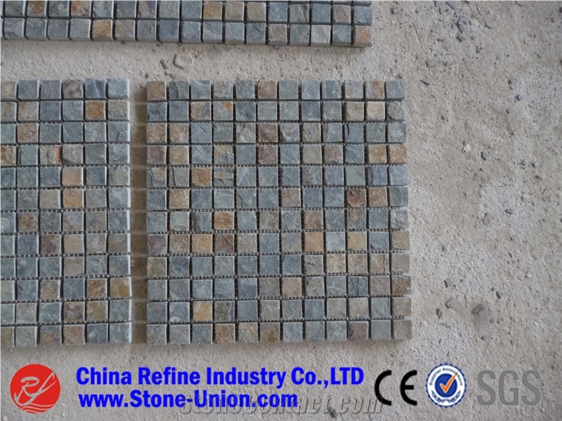 Best Selling Square Pattern China Slate Mosaic, Wall Slate Mosaic Pattern , Slate Wall Mosaic Tiles,Mix Stone Mix Rustic Color Slate Mosaic