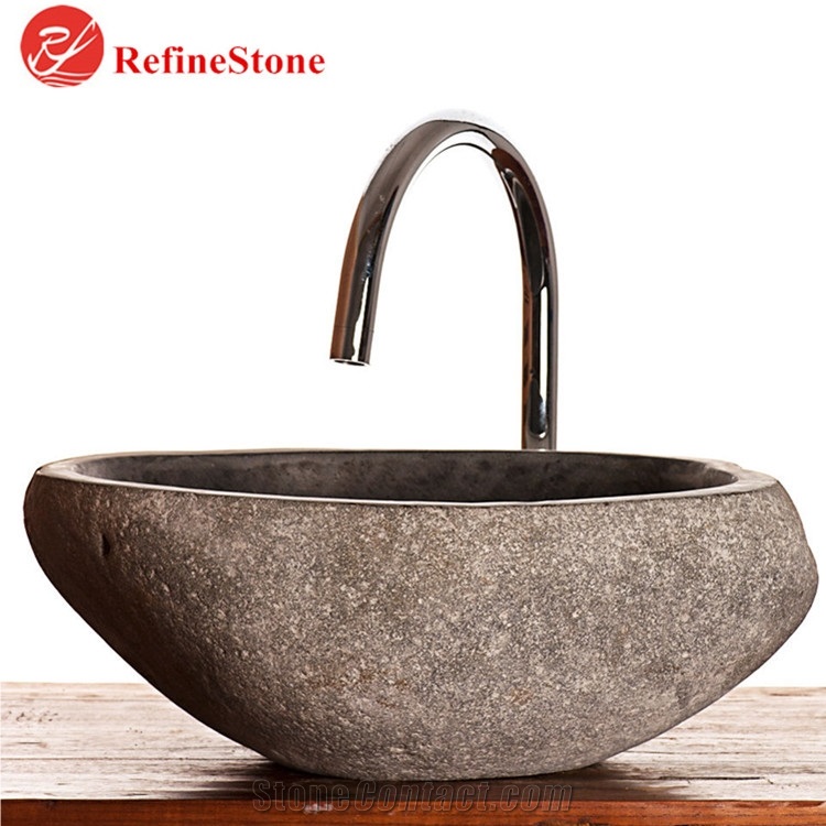 Natural River Stone Wash Sinks for Vanity Top,Black Bathroom Wash Countertop Basins