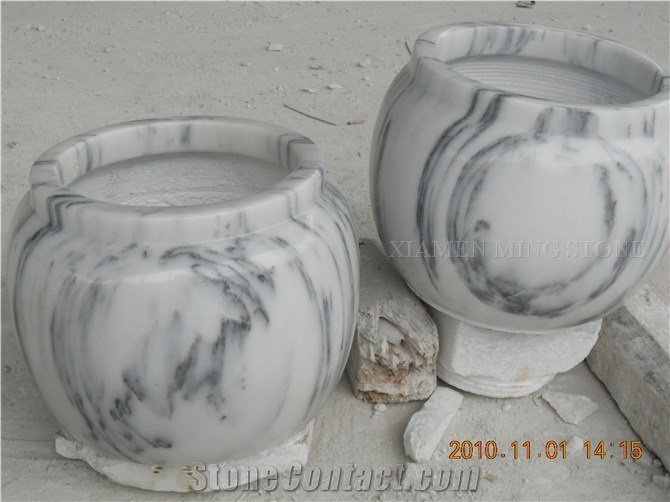 Blue Sky White Landscaping Marble Tombstone Vases,Funeral Accessories,Round Urns