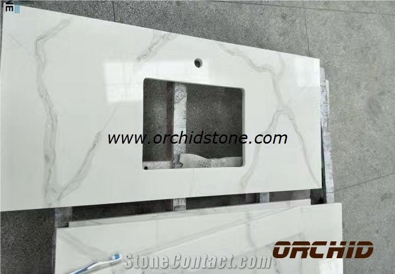 Bianca Calacatta Oro Quartz Surface Custom Vanity Tops,White Marble Look Artificial Stone Bathroom Tops,Engineered Stone Countertops