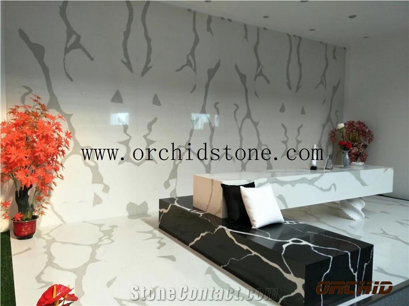 Calacatta White Marble Look Quartz Stone Solid Surfaces Polished Slabs & Tiles Engineered Stone Artificial Stone Slabs for Bookmatch Wall Cladding