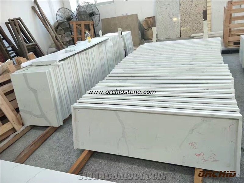 Calacatta White Marble Look Quartz Stone Solid Surfaces Polished Slabs & Tiles Engineered Stone Artificial Stone Slabs for Bookmatch Wall Cladding