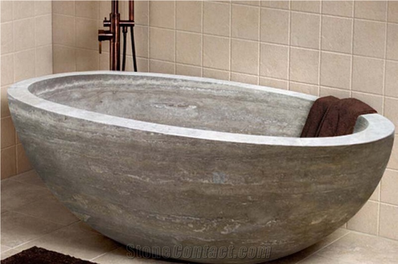 Popular Silver Grey Travertine Natural Stone Round Bathtub