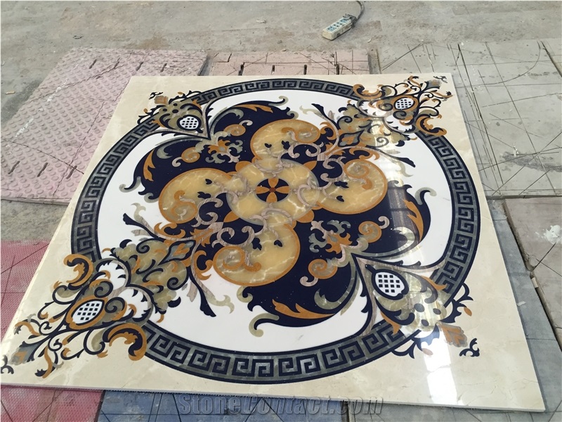 Thin Square Waterjet Medallion for Interior Floor Covering Tiles,Multicolor Marble Mosaic Medallion