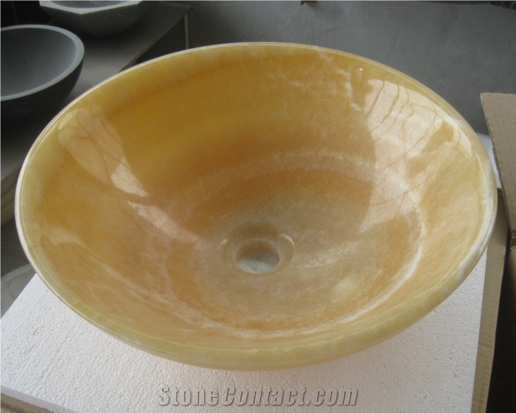 Yellow Onyx Natural Stone Round Bathroom Sinks Basins Wash Bowls