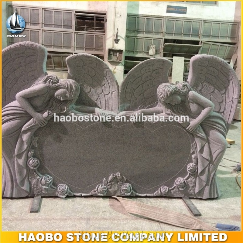 American Style Grey Granite Tombstone Double Angel Gravestone Double Heart Headstone Direct Selling High Quality Monument Custom Tombstone