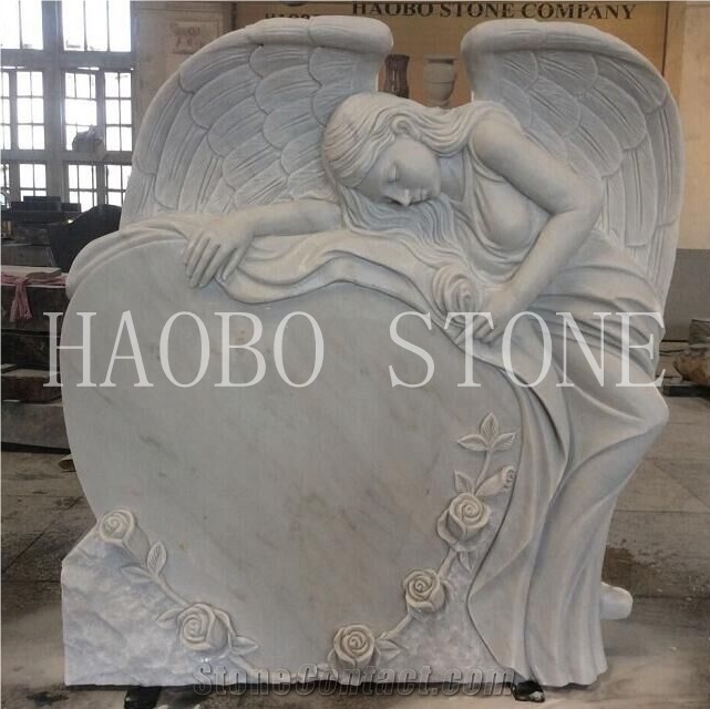 Antique Cheap Price Upright Large High Quality China Quarry Natural Impressive Carved Rose Weeping Angel Headstone with Heart Designs for Cemetery