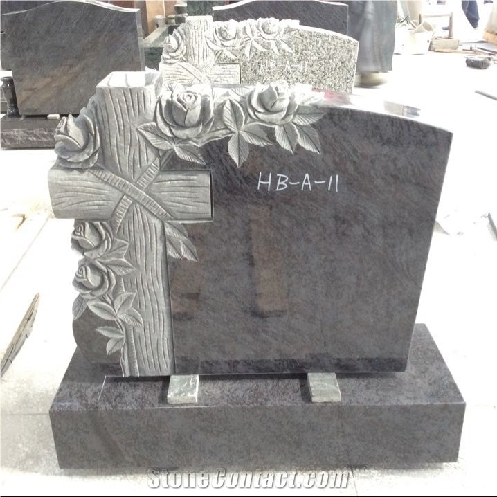 China Granite Carved Cross with Rose Headstones, Upright Single Monuments, Gravestone with Cross and Rose, Us Affordable Cemetery Grave Markers