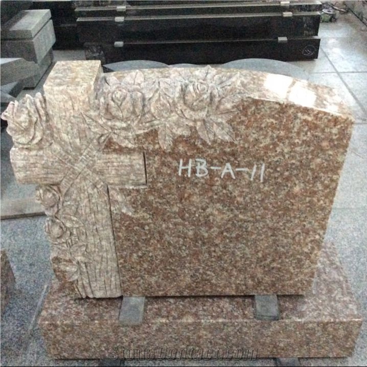 China Granite Carved Cross with Rose Headstones, Upright Single Monuments, Gravestone with Cross and Rose, Us Affordable Cemetery Grave Markers