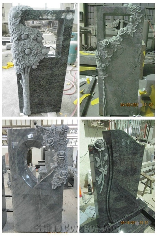 Customized China Good Price Factory Antique Cheap Upright Headstone Carved Swan and Single Heart Grey Granite Memorials with 100% Hand Engraving